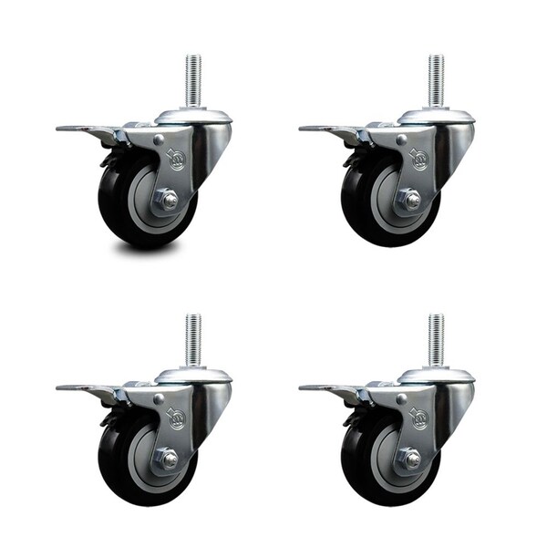 Service Caster 3 Inch Black Polyurethane Swivel 34 Inch Threaded Stem Caster Set with Total Lock Brake SCC-TSTTL20S314-PPUB-BLK-34212-4 - main